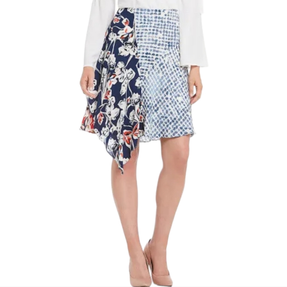 Ivanka Trump Patriotic Red White & Blue Floral Asymmetrical Hem Skirt Sz 14 New!